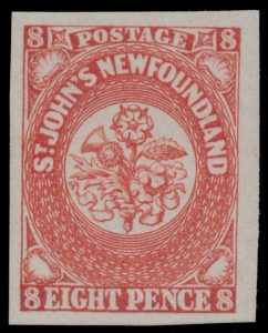 Lot 319, Newfoundland 1857 eight pence scarlet vermilion Heraldic, XF NH
