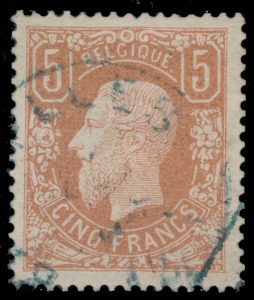 Lot 370, Belgium 1878 five franc pale brown Leopold II, VF used