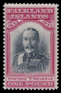 Lot 379, Falkland Islands 1933 one pound rose and black King George V Centenary