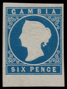 Lot 385, Gambia 1869 six pence deep blue Victoria, VF o.g.