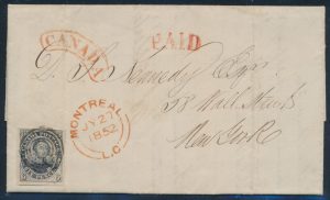 Lot 517, Front of Canada 1852 six pence slate violet Consort on folded letter Montréal to New York