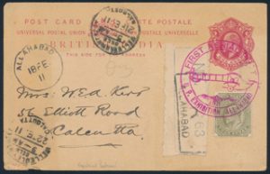 Lot 688, Front of Great Britain 1911 first aerial post registered postcard to Calcutta, first official air mail flight