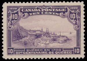 Lot 112, Canada 1908 ten cent violet Quebec Tercentenary VF NH, sold for C$819