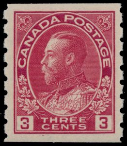 Lot 130, Canada 1912-24 one cent to three cent VF NH Admiral coil singles, sold for C$1,170