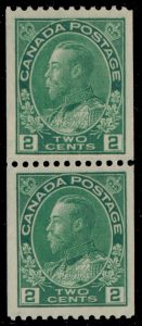 Lot 138, Canada 1924 two cent yellow green Admiral VF NH paste-up pair, sold for C$644