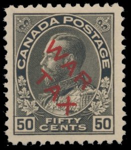 Lot 274, Canada 1915 fifty cent black Admiral WAR TAX in red, VF mint, sold for C$2,106
