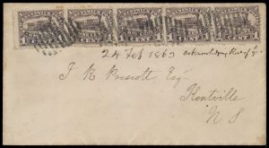 Lot 568, Nova Scotia one cent red lilac strip of four and single on cover Sackville to Kentville, sold for C$585