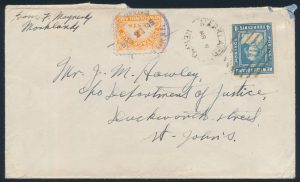 Lot 586, Newfoundland 1945 four cent Postage Due on shortpaid cover Markland to St. John's, sold for C$497