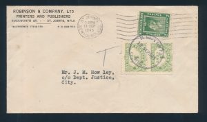 Lot 587, Newfoundland 1945 4c Postage Due on shortpaid cover, St. John's sold for C$1,170
