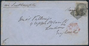 Lot 666, India 1859 four anna black, tied to cover by "139" diamond of bars, sold for C$556