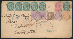 Lot 685, India 1887 multi-colour franking cover, registered from Afghanistan to Fargo, Dakota, sold for C$1,989