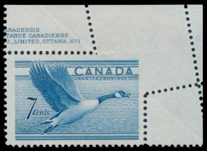 Lot 195, Canada 1952 seven cent blue Canada Goose misperf variety, sold for C$409
