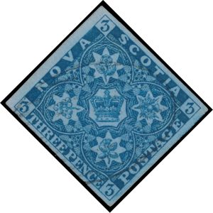 Lot 306, Nova Scotia 1851 three pence dark blue on blued paper, VF used, sold for C$321
