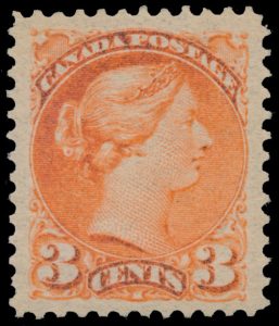 Lot 38, Canada 1890s three cent bright vermilion Small Queen, XF NH, sold for C$380