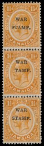 Lot 444, Jamaica 1916 one and a half penny orange overprint War Stamp, S omitted, Fine NH strip of three, sold for C$234