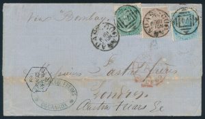 Lot 678, India 1869 half anna blue, one anna pale brown, and four anna green on cover from Cocanada to London, sold for C$321