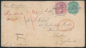 Lot 681, India 1873 four anna green and eight anna rose on cover Calcutta to London, sold for C$438