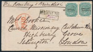 Lot 683, India 1877 4a green pair on mis-sent cover to London, sold for C$497