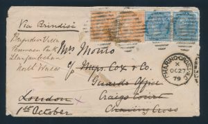 Lot 684, 1879 India cover Bombay to London forwarded to Llanfairfechan Wales, sold for C$234