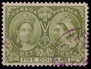 Lot 158, Canada 1897 five dollar olive green Diamond Jubilee with Winnipeg c.d.s, VF