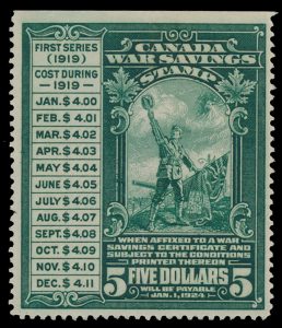 Lot 393, Canada 1918 five dollar green War Savings, VF unused no gum
