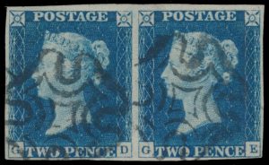 Lot 550, Great Britain 1840 two penny blue horizontal pair GD-GE, VF used