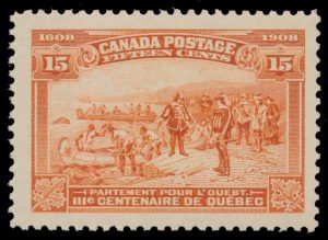 Lot 207, 1908 fifteen cent orange Québec Tercentenary, VF NH, sold for C$1,404
