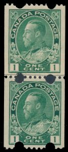Lot 223, Canada 1918 one cent dark green Admiral experimental coil paste-up pair, VF NH, sold for C$936