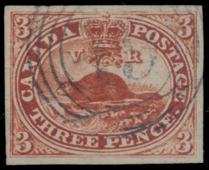 Lot 25, Canada 1852 three penny Beaver deep red on ribbed, hard wove paper, VF used, sold for C$819