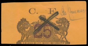 Lot 410, Manitoba 1877 twenty-five cent red and black Provisional Law Stamp, VF used, sold for C$1,696