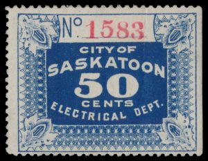 Lot 438, Saskatchewan 1913 fifty cent blue Saskatoon Electrical Inspection, VF unused o.g., sold for C$1,404