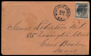 Lot 698, Prince Edward Island 1873 six cent black Victoria on cover from Montague Bridge to East Boston, sold for C$438