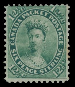 Lot 70, Canada 1859 twelve and a half cent green Victoria, Fine o.g., sold for C$819
