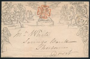 Lot 249, Great Britain one pence Mulready envelope London to Sherborne, "May Date" usage