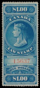 Lot 365, Canada 1876 one dollar blue Supreme Court revenue, F-VF o.g., sold for C$438