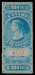 Lot 365, Canada 1876 twenty-five cent blue Supreme Court revenue, F-VF o.g., sold for C$438