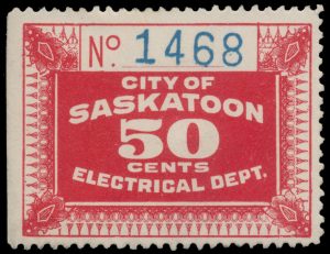 Lot 440, Saskatchewan 1927 fifty cent scarlet Saskatoon Electrical Inspection, VF no gum, sold for C$1,053