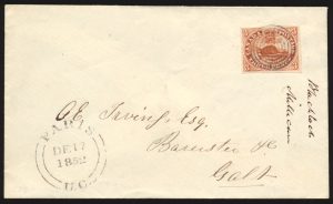Lot 657, Canada 1852 three penny red Beaver on cover from Paris Ontario to Galt, sold for C$409