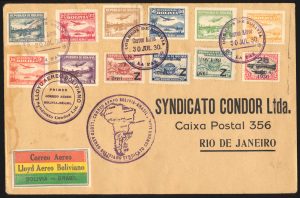 Lot 73, Bolivia 1939 (July 30) Air Post inverted surcharge set of three on first flight cover to Rio de Janeiro