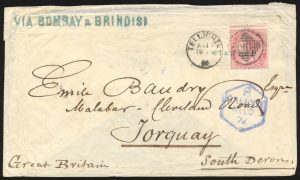 Lot 300, India 1872 cover from Tellicherry to Torquay England, sold for C$438