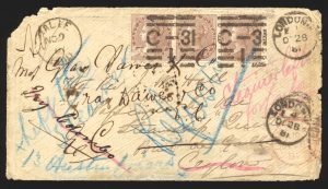 Lot 303, India steamship Quetta cover Ceylon to London, sold for C$234