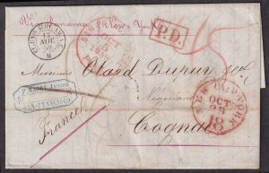 Lot 474, USA 1859 stampless transatlantic folded letter, San Francisco to Cognac France via Panama, sold for C$760