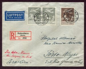 Lot 128, Denmark 1929 registered airmail cover Brazil, sold for C$210
