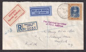 Lot 329, Jamaica 1933 Registered Special Delivery cover Montego Bay to New York, sold for C$210