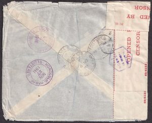 Lot 389, Palestine 1941 WWII censored registered airmail cover Jerusalem to Southbridge, Massachusetts, sold for C$292
