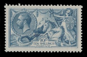 Lot 495, Great Britain 1919 10sh dull grey blue Seahorses, Bradbury Wilkinson printing, VF NH