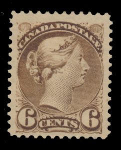 Lot 81, Canada six cent "cold" brown Small Queen, perf 12, VF hinged