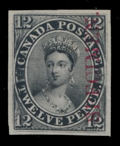 Lot 11, Canada 1851 twelve penny black plate proof on india paper with vertical SPECIMEN overprint