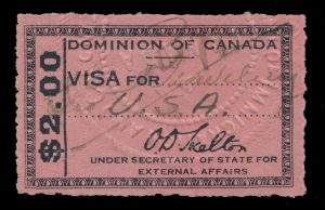 Lot 357, Dominion of Canada two dollar black on pink Visa Fee stamp, F-VF with manuscript cancel