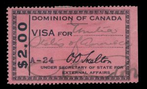 Lot 358, Dominion of Canada two dollar black on pink Visa Fee stamp, F-VF, sold for C$3,540